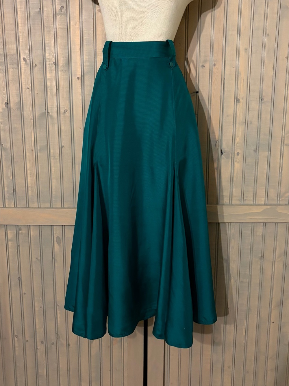 Emerald Green Silk A-Line  High Waist Midi Skirt